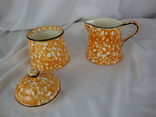 Load image into Gallery viewer, Vintage Stangl Pottery Town &amp; Country Orange Sponge Ware Covered Sugar Bowl &amp; Creamer Table Set
