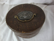 Load image into Gallery viewer, Antique Floral Tooled Leather Victorian Collar Box with Inset Metal Top Pin Holder
