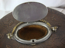 Load image into Gallery viewer, Antique Floral Tooled Leather Victorian Collar Box with Inset Metal Top Pin Holder
