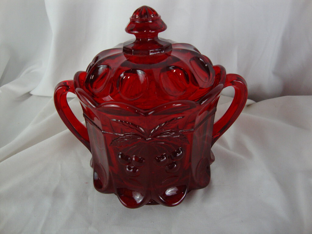 Vintage Mosser Red Cherry Thumbprint Glass Biscuit Jar with Lid