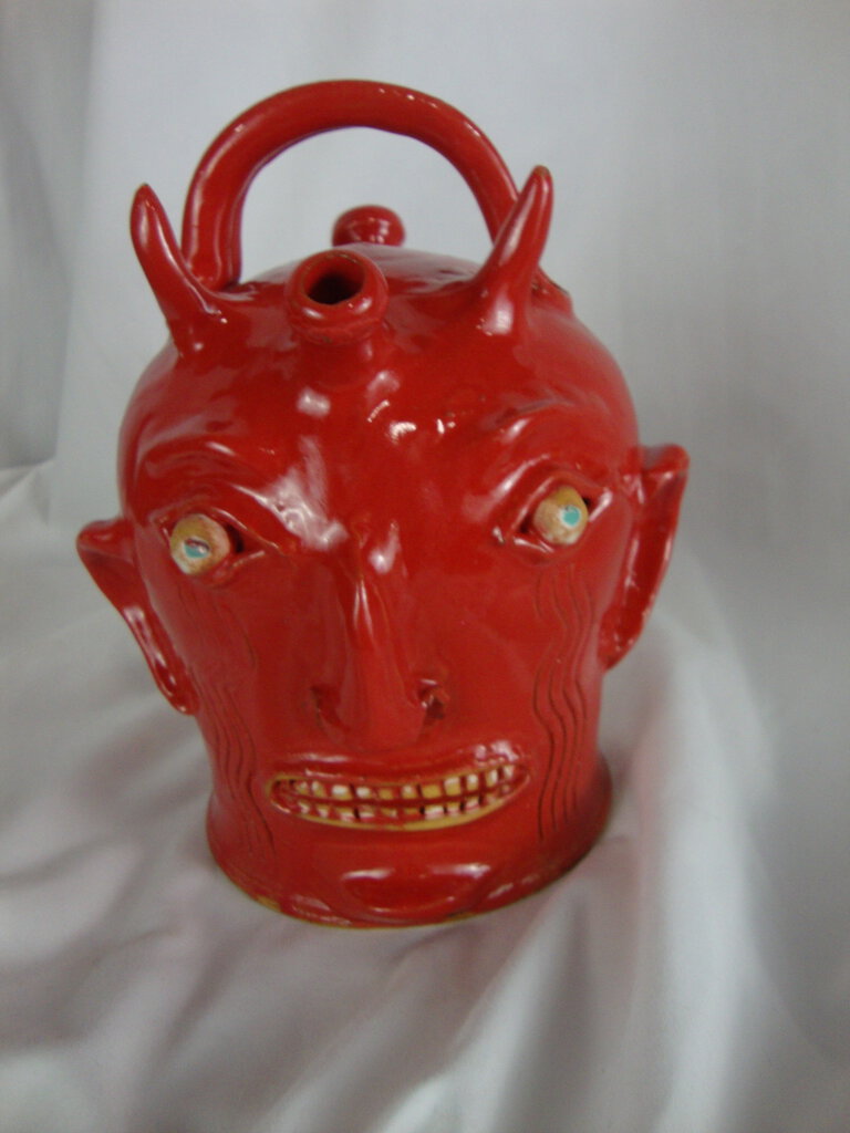 Marvin Bailey Fire Red Devil Double Spout 7 Inch Ugly Face Jug