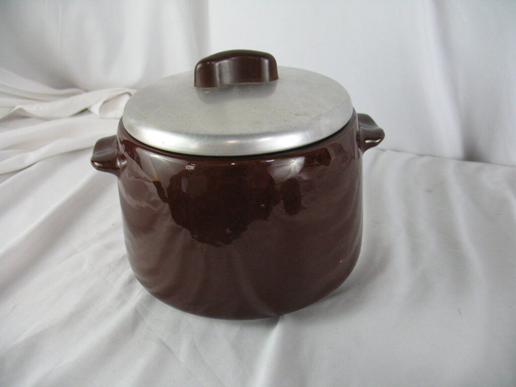 Vintage West Bend Brown 2 Quart Ceramic Bean Pot with Aluminum Cover No Base