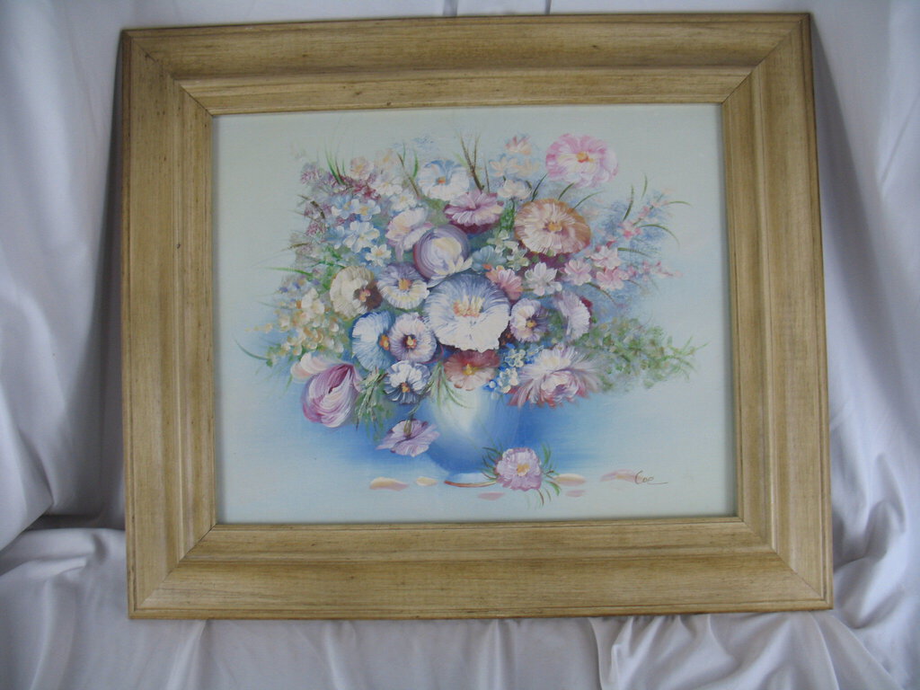 Vintage Flowers in Vase Original Signed Art in Wood Frame