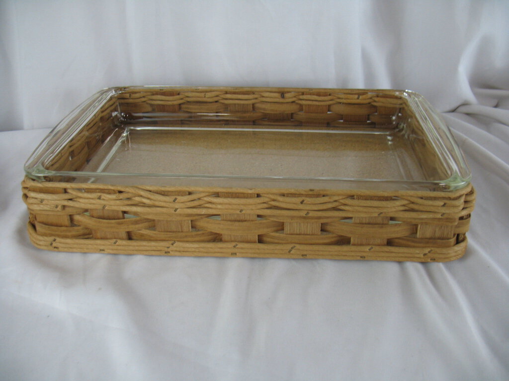 Vintage PYREX 233 Rectangular Dish with Leather Handled Woven Basket