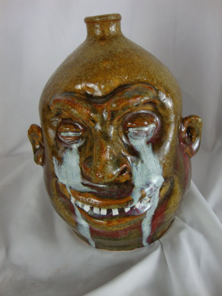 Marvin Bailey Ochre/White Crying Eyes 9 Inch Ugly Face Jug