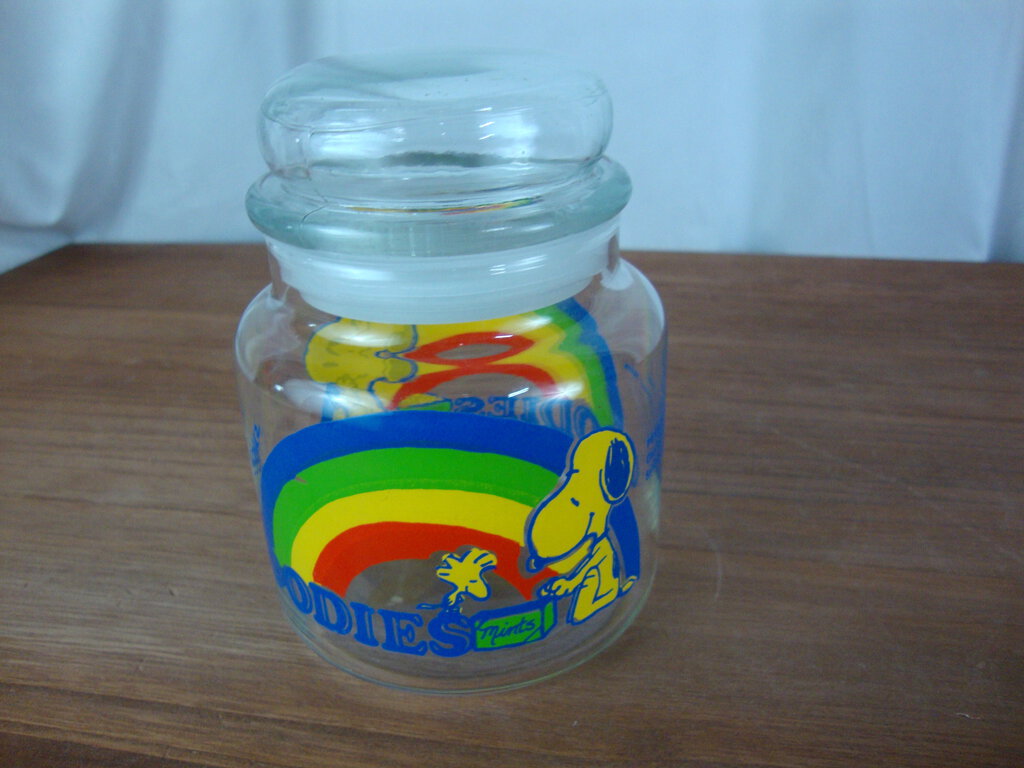 1970's Peanuts Snoopy Woodstock Glass Rainbow Goodies Canister with Lid