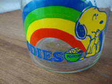 Load image into Gallery viewer, 1970&#39;s Peanuts Snoopy Woodstock Glass Rainbow Goodies Canister with Lid
