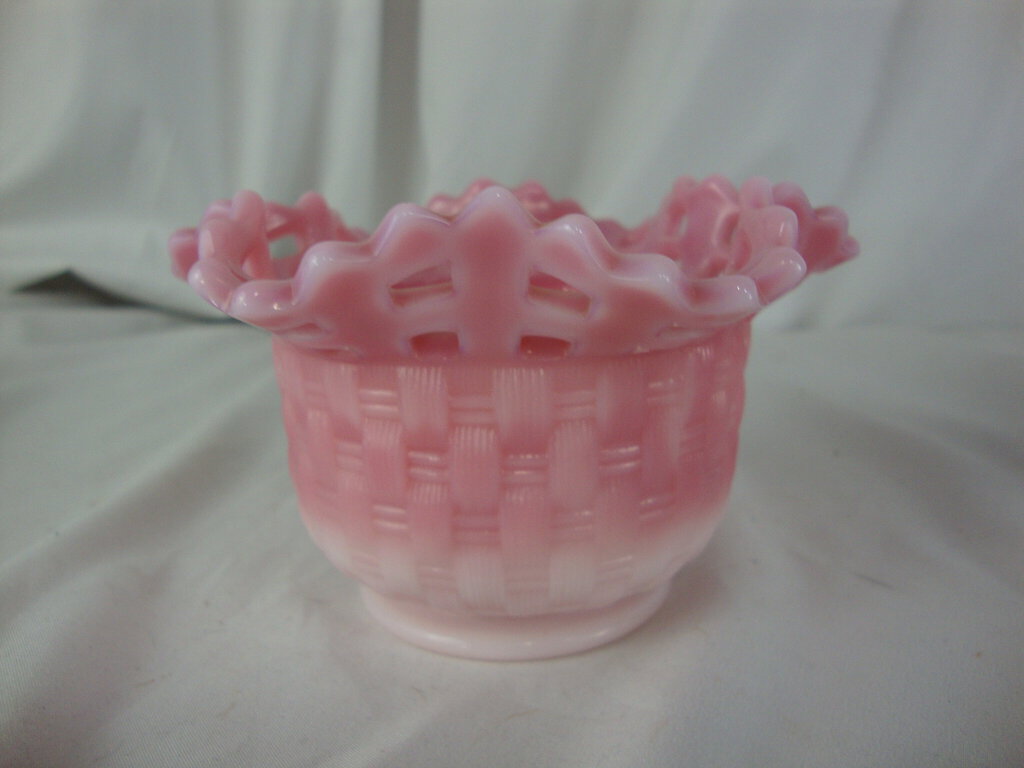 Vintage Fenton Pink Slag Glass Basket Weave Small Bowl