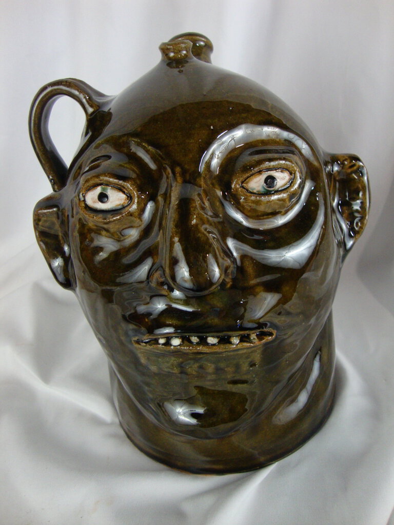 Marvin Bailey Potter Olive Green Brown Side Handle Two Spout Ugly Face Jug 9 Inch