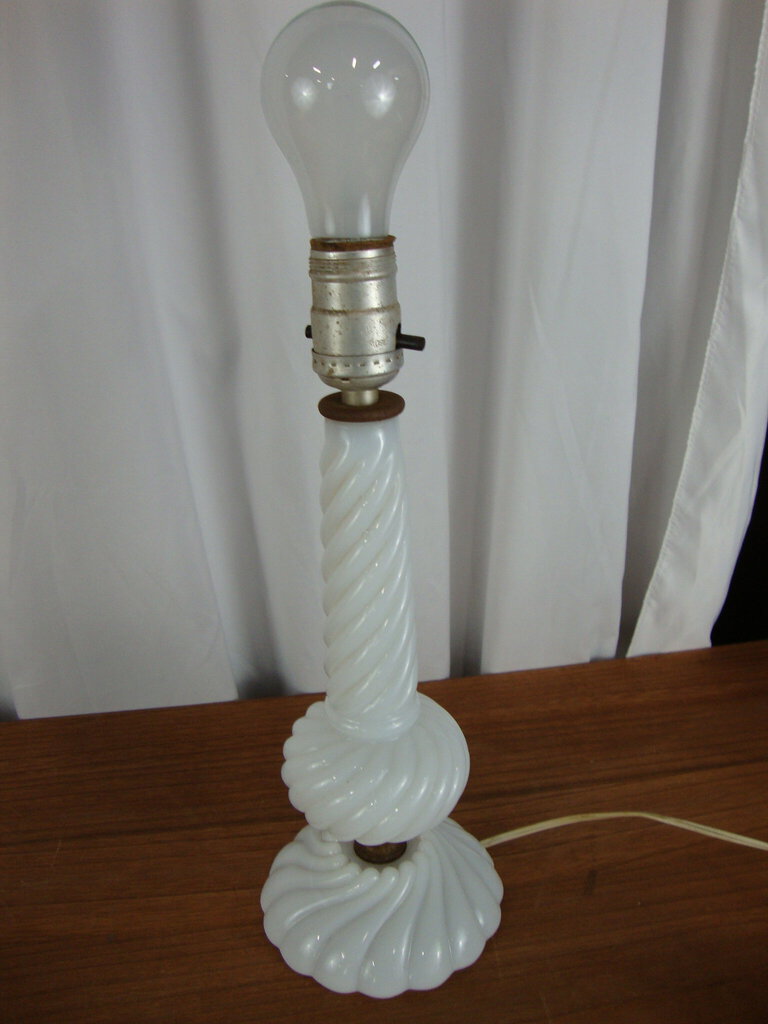 Vintage White Milk Glass Swirl Electric Table Lamp Base No Shade