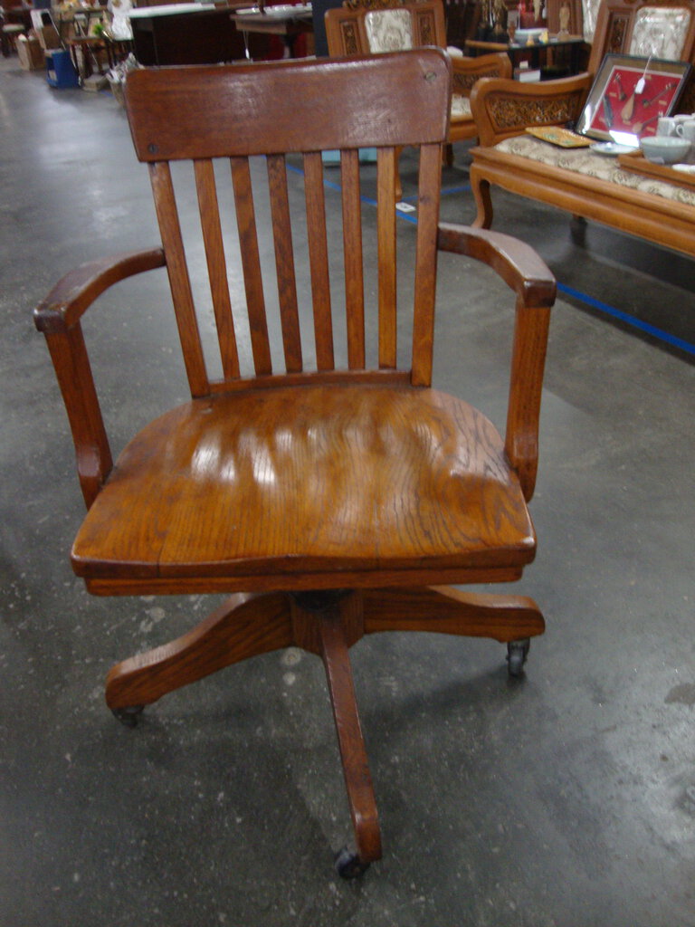 Vintage Tiger Oak Swivel Roll Armed Office Desk Chair