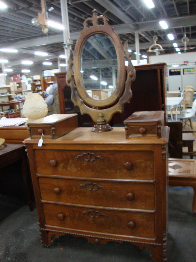 Antique Three Drawer Dresser Wishbone Swivel Mirror and Top Glove Boxes