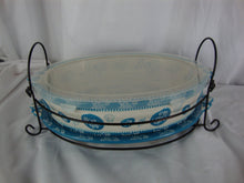 Load image into Gallery viewer, Vintage Temp-tations Aqua/White Floral Lace 3 Qt Casserole Dish with Platter and Black Metal Stand
