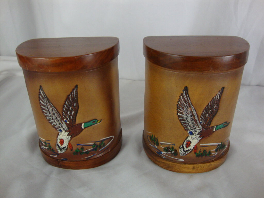 Vintage Mallard Duck Wood and Leather Half Round Book Ends