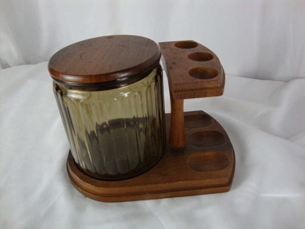 Vintage Decatur Industries Walnut 3 Tobacco Pipe Stand with Smoked Glass Humidor