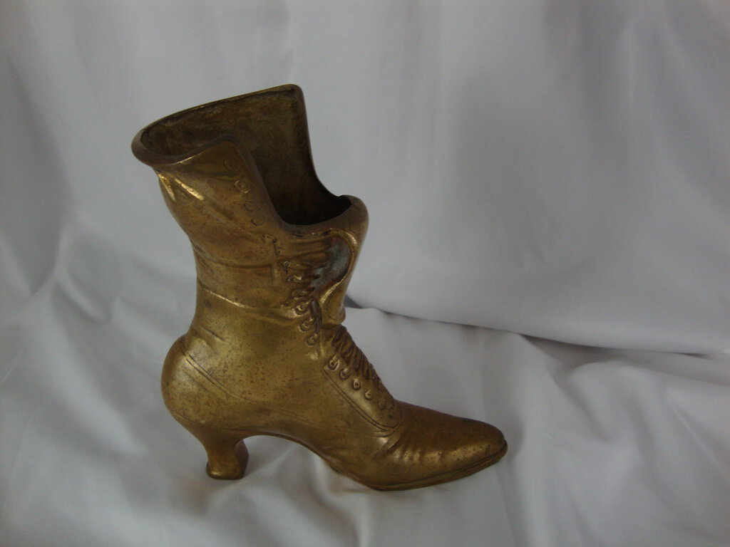 Vintage Large Brass Ladies Victorian Lace Up Heel Boot Shoe Planter Vase