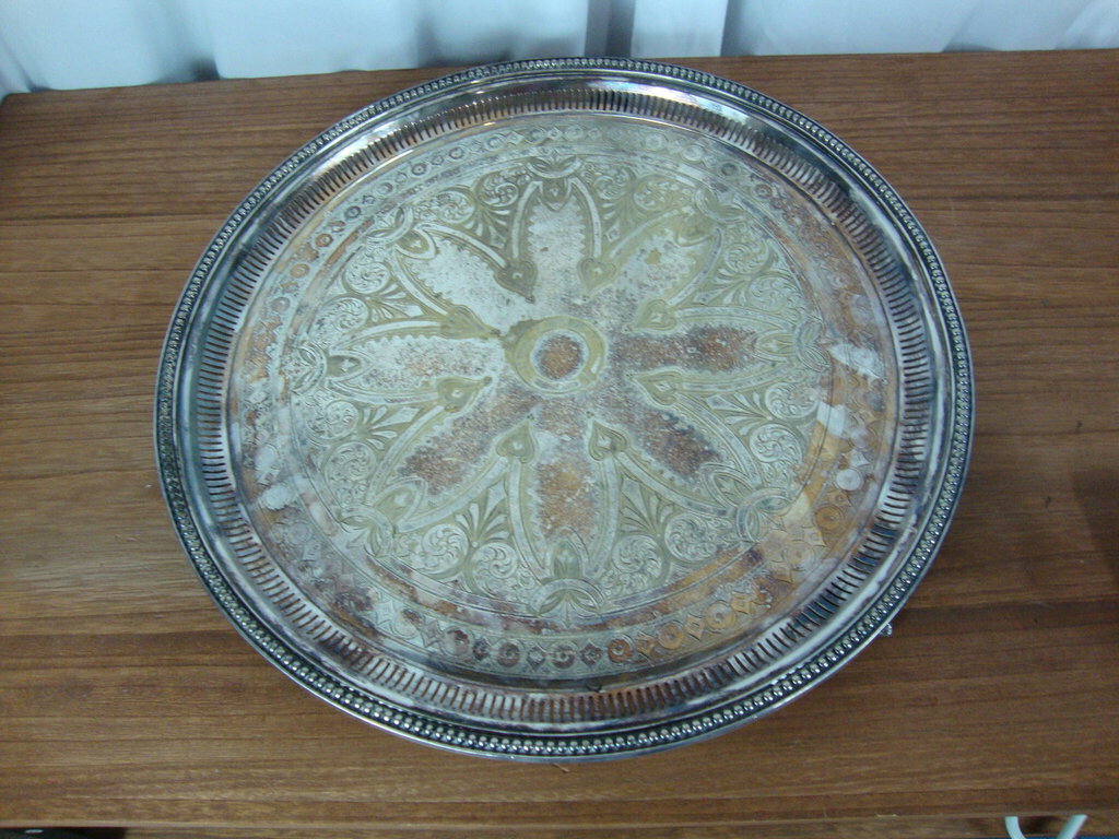 Antique Old Sheffield Silverplate Floral Beaded Trim Ball Claw Footed Round Tray