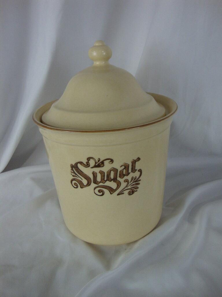 Vintage Pfaltzgraff Village Yellow/Brown Stoneware Sugar Canister with Dome Lid