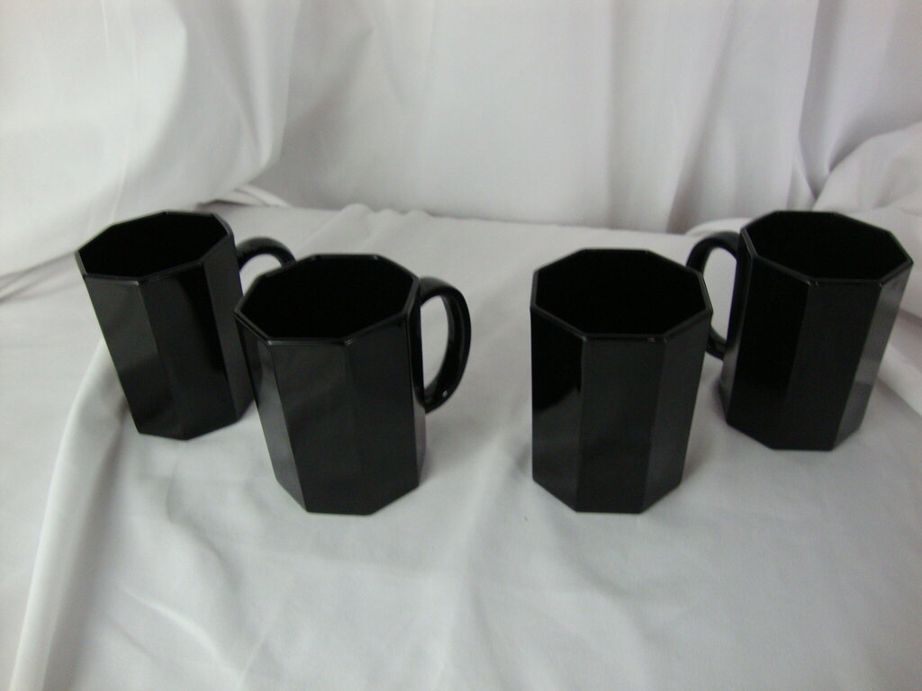 Vintage Arcoroc France Black Glass Octime Coffee Mugs Set of 4