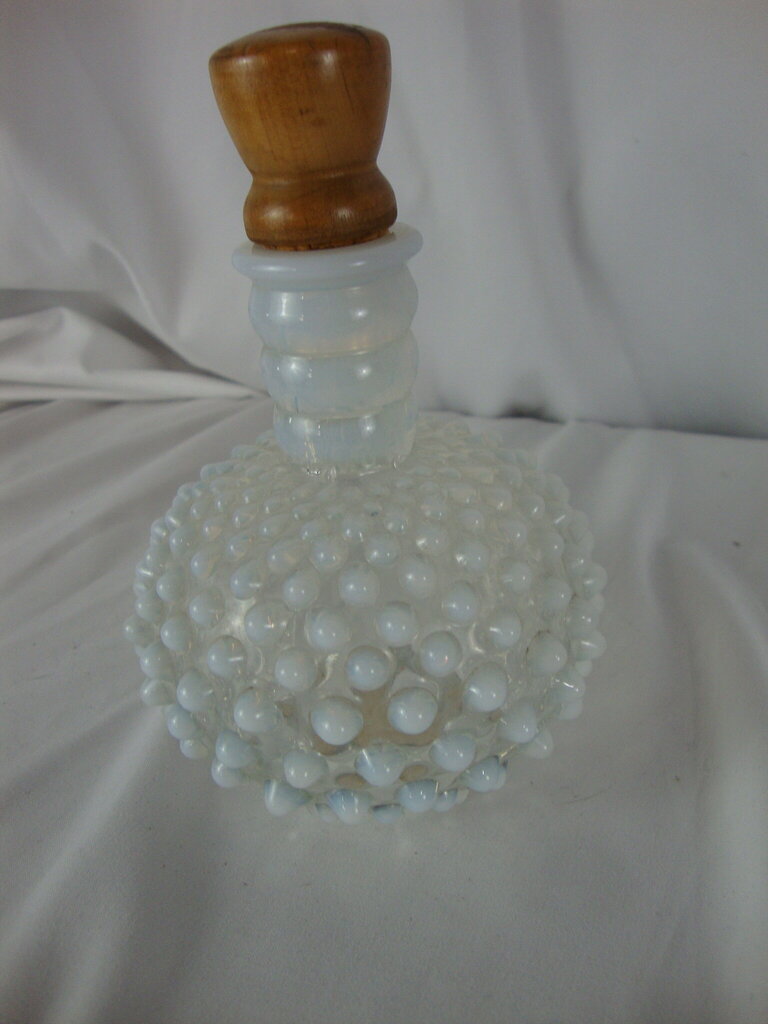 Vintage Wrisley Fenton Opalescent Hobnail Perfume Bottle with Original Wood Stopper