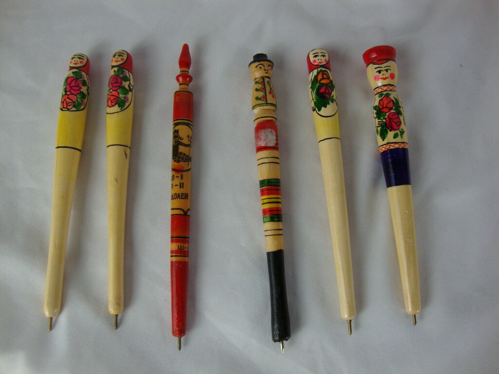 Vintage Handpainted Russian People Faces Wooden Pens Set of 6