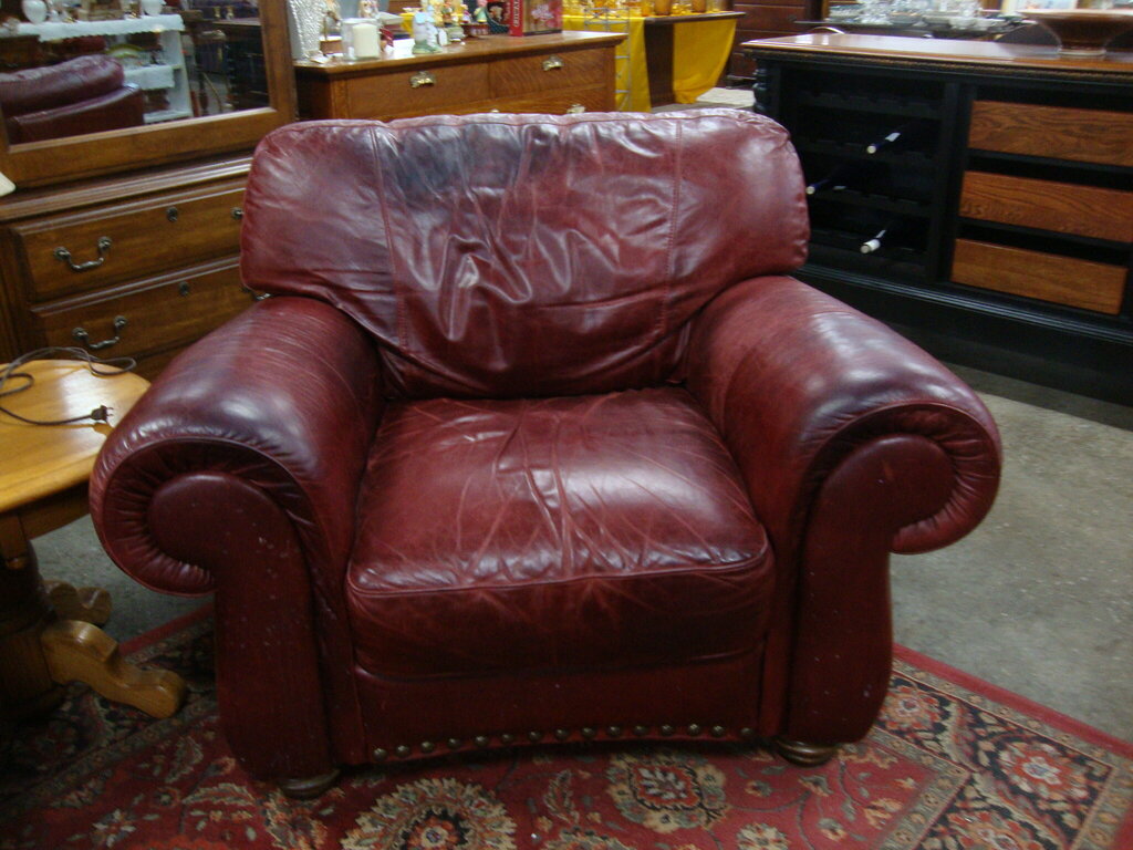 Vintage Burgundy Leather Oversized Club Chair Roll Arms Nail Head Trim