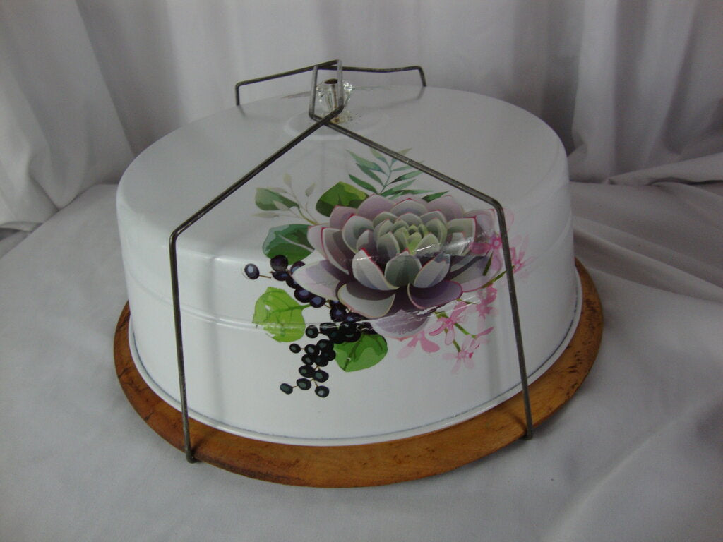 Vintage Metal with Wood Base Upcycled Cake Carrier with Tension Handle