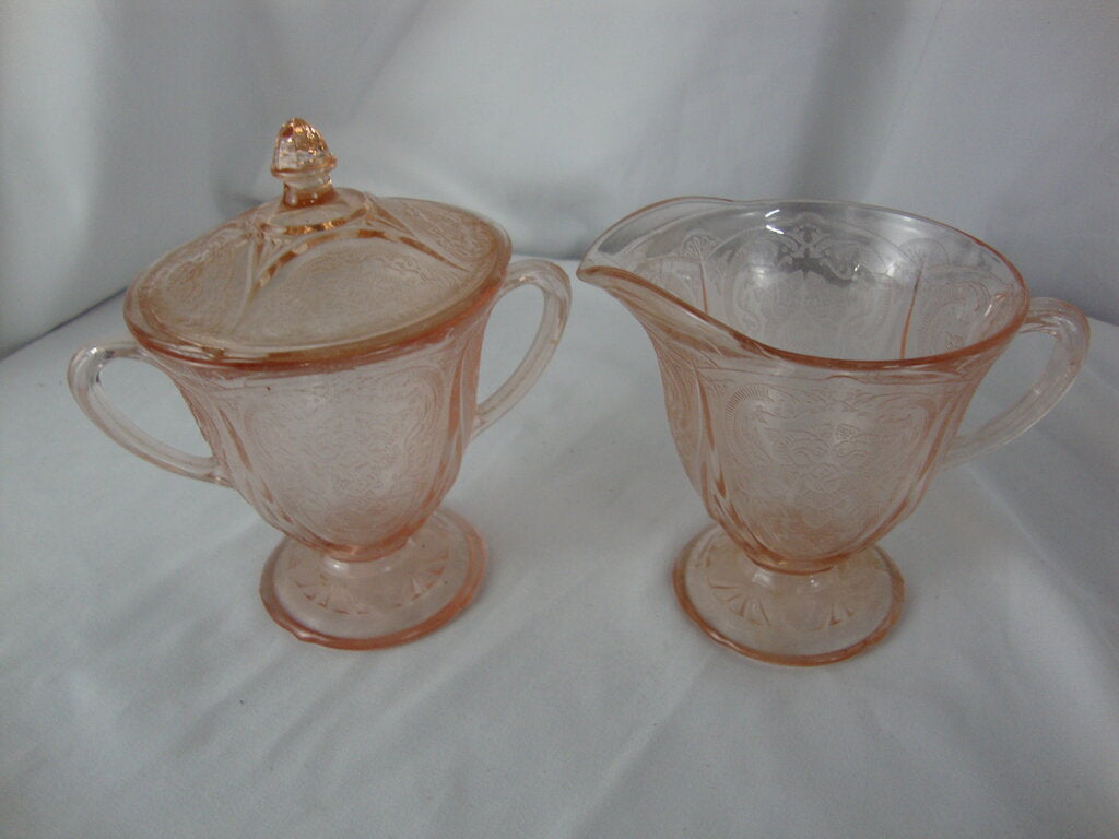 Vintage Pink Depression Royal Lace Pink Footed Creamer and Sugar Bowl with Lid