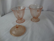 Load image into Gallery viewer, Vintage Pink Depression Royal Lace Pink Footed Creamer and Sugar Bowl with Lid
