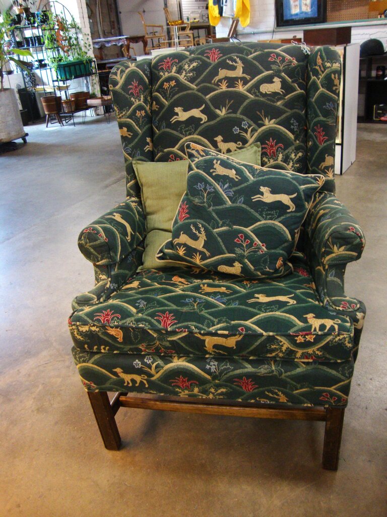 Vintage Woodland Green Upholstery Wingback Armchair Wood Legs