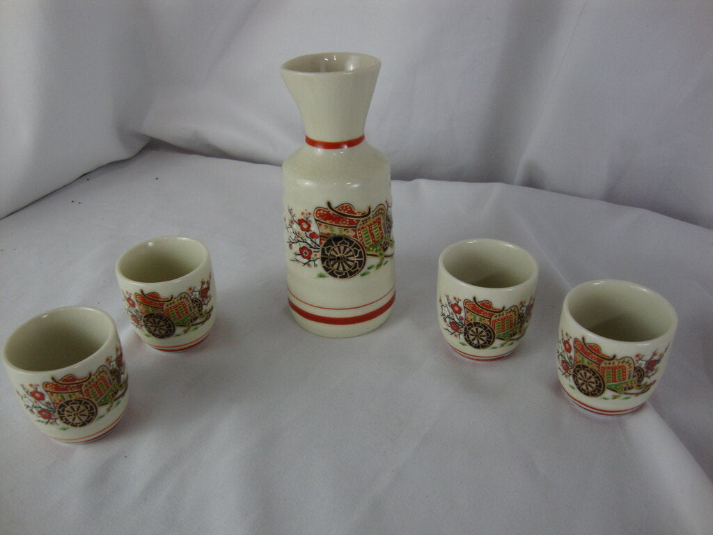 Vintage Japan Ceramic Floral Cart Sake Set with Four Cups and Decanter