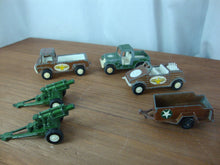 Load image into Gallery viewer, Vintage TootsieToy Military Jeeps/Trucks (3) and (3) Military Trailers Lot of 6
