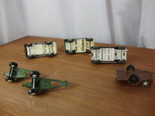 Load image into Gallery viewer, Vintage TootsieToy Military Jeeps/Trucks (3) and (3) Military Trailers Lot of 6
