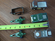 Load image into Gallery viewer, Vintage TootsieToy Military Jeeps/Trucks (3) and (3) Military Trailers Lot of 6
