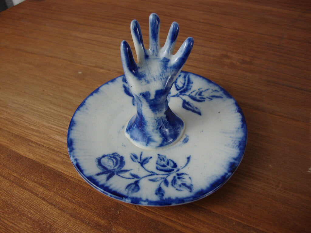 Antique Ironstone Staffordshire Blue/White Floral Hand Ring Holder Dish