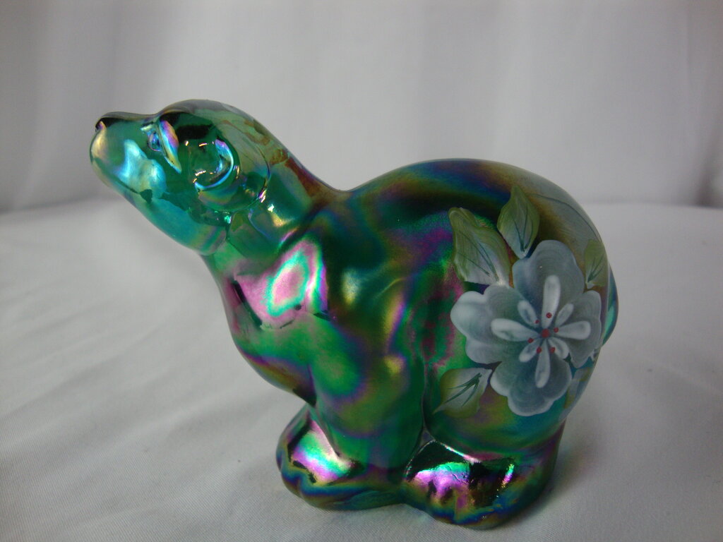 Vintage Fenton Green Carnival Glass Handpainted Polar Bear Figurine