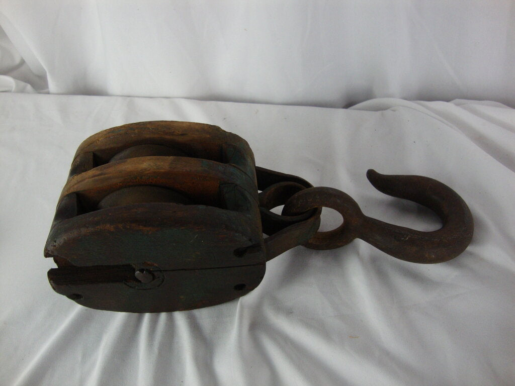 Vintage Farmhouse Wood & Metal Double Pulley with Large Top Metal Hook