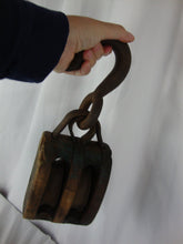 Load image into Gallery viewer, Vintage Farmhouse Wood &amp; Metal Double Pulley with Large Top Metal Hook
