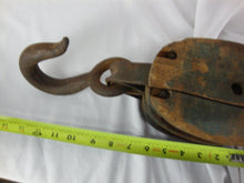 Load image into Gallery viewer, Vintage Farmhouse Wood &amp; Metal Double Pulley with Large Top Metal Hook

