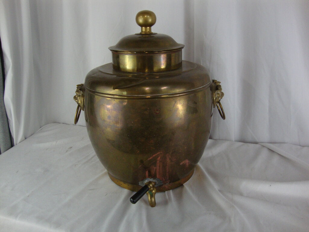 Vintage Brass Tin Lined Beverage Dispenser Samovar with Guardian Lion Side Pulls and Lid NO STAND