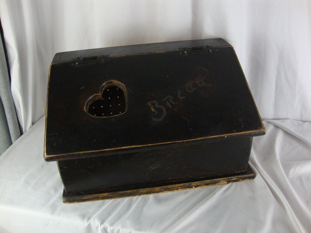 Vintage Black Painted Pine Farmhouse Bread Box Hinged Lid