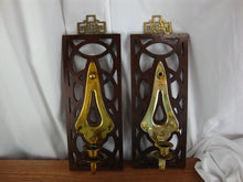 Load image into Gallery viewer, Vintage Oriental Wood Brass Wall Candleholders with Plate Arms

