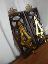 Load image into Gallery viewer, Vintage Oriental Wood Brass Wall Candleholders with Plate Arms
