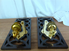 Load image into Gallery viewer, Vintage Oriental Wood Brass Wall Candleholders with Plate Arms
