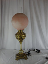 Load image into Gallery viewer, Antique Brass Marble Electrified Table Lamp with Clear Chimney Pink Glass Top Globe
