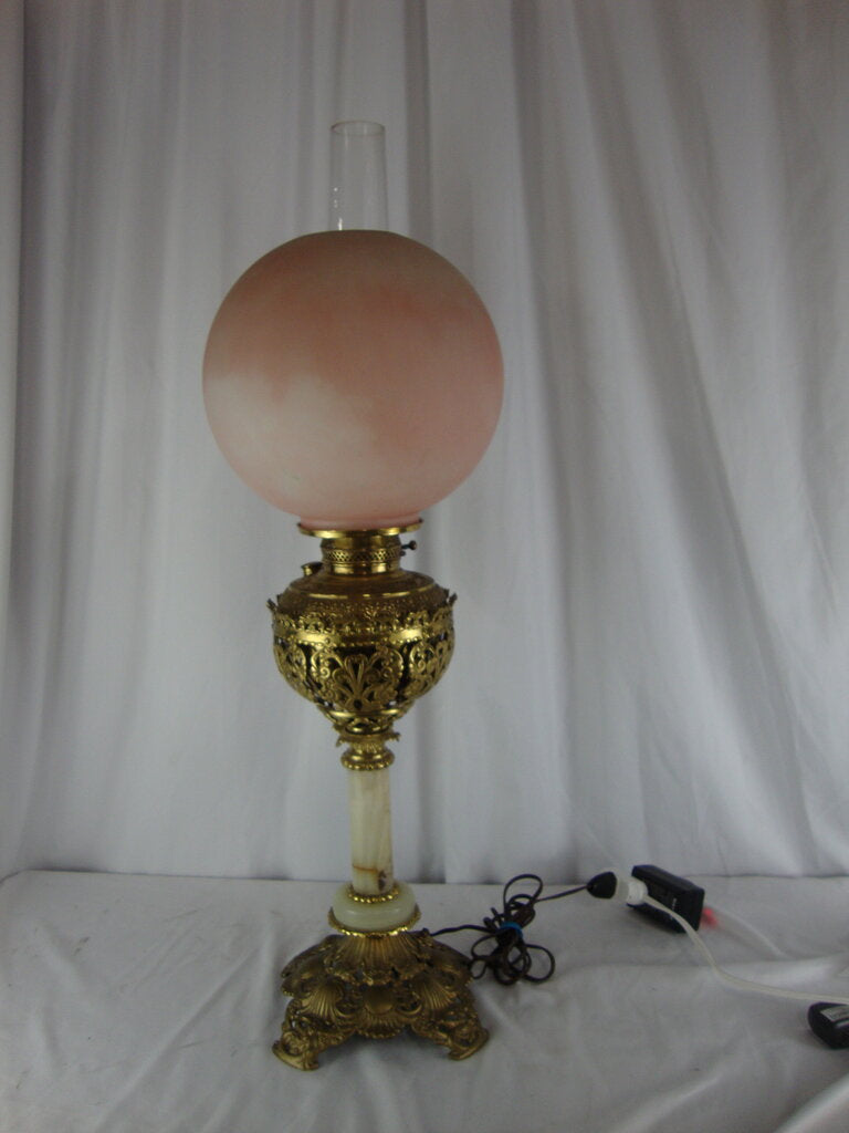 Antique Brass Marble Electrified Table Lamp with Clear Chimney Pink Glass Top Globe