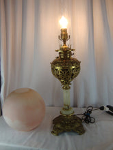 Load image into Gallery viewer, Antique Brass Marble Electrified Table Lamp with Clear Chimney Pink Glass Top Globe
