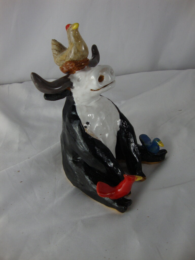 Lynn Bailey Pottery Sitting Bull with Hen on Nest on Head & Cardinal Blue Bird on Legs Figurine