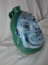 Load image into Gallery viewer, Marvin Bailey Folk Art Potter Green Blue Face 5 Tooth Jowly Ugly Face Jug 11 Inch
