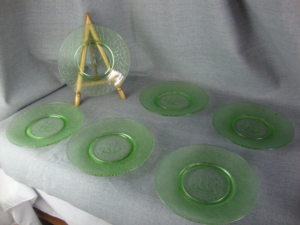 Vintage LE Smith Vaseline Glass Sailing Ship Crackle Edges Lunch Dessert Plates Set of 6